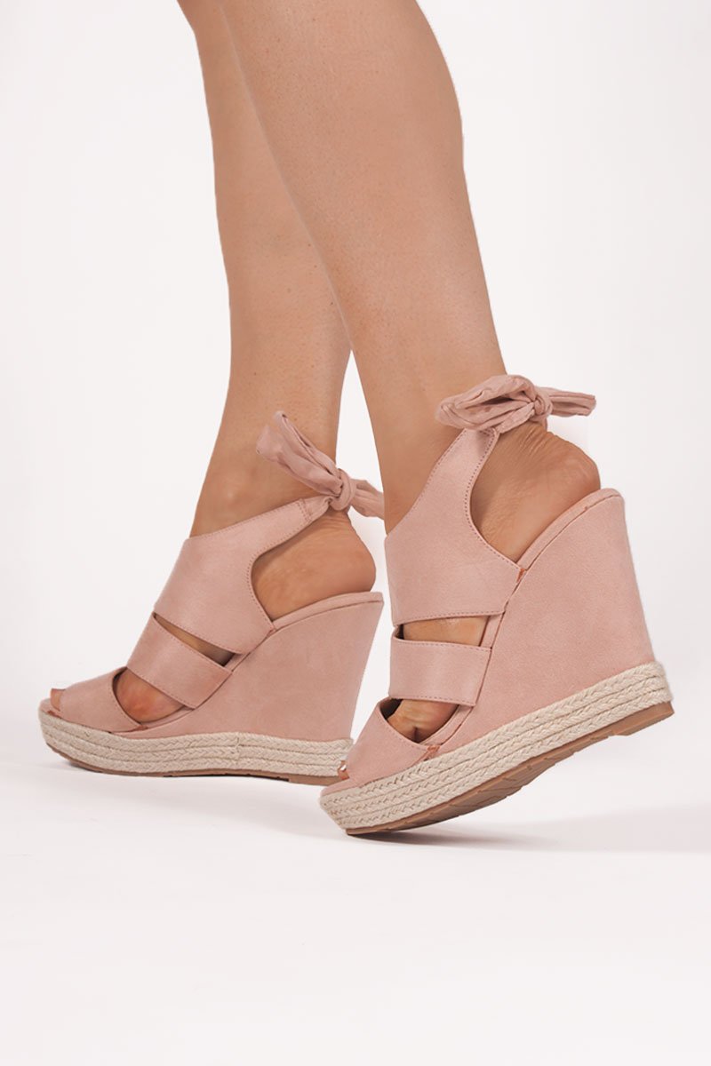 Klaudia Pink Faux Suede Tie Back Wedges