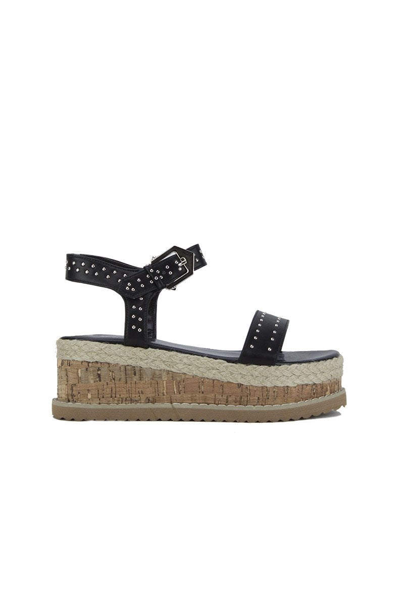 Koko Black Stud Flatform Sandals With Silver Detail