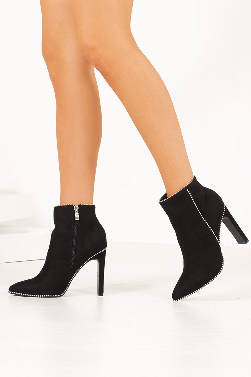 Kylie Black Faux Suede Silver Stud Flat Heel Ankle Boots