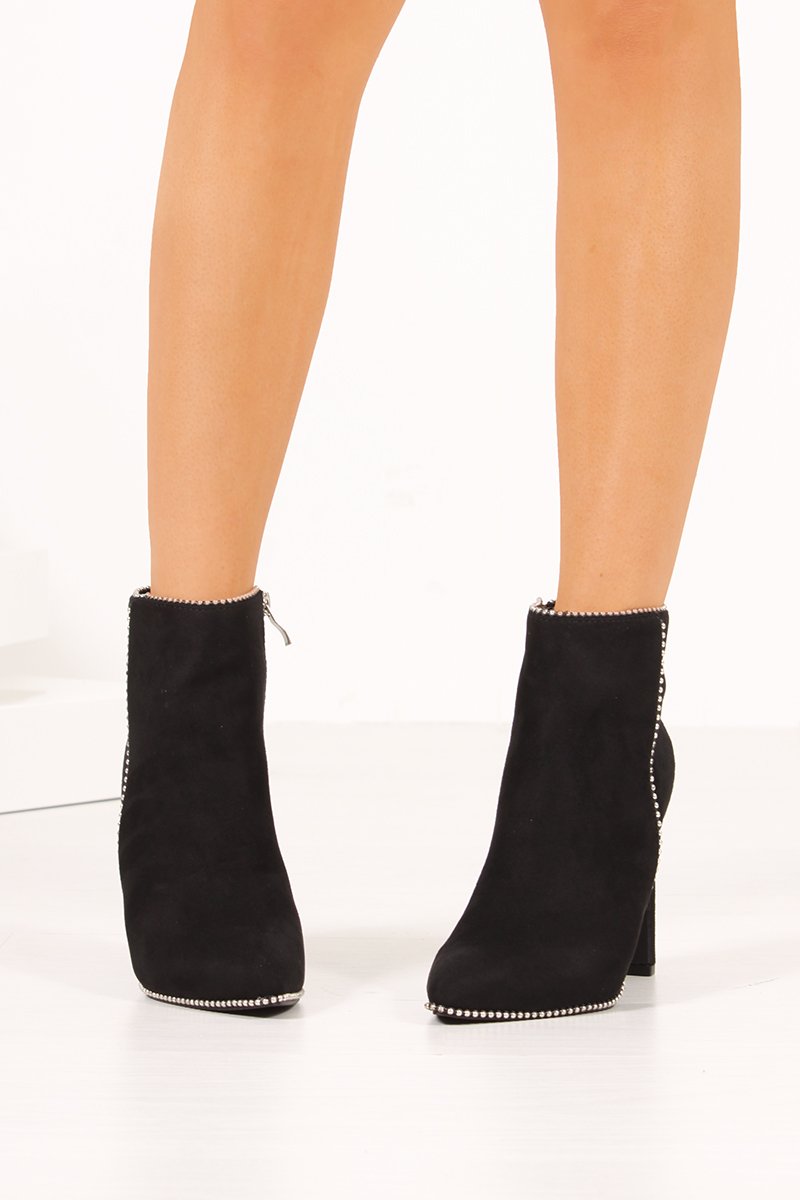 Kylie Black Faux Suede Silver Stud Flat Heel Ankle Boots