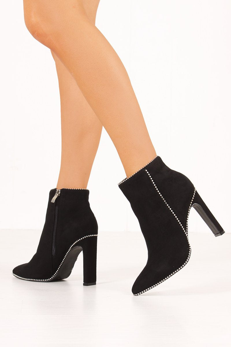 Kylie Black Faux Suede Silver Stud Flat Heel Ankle Boots