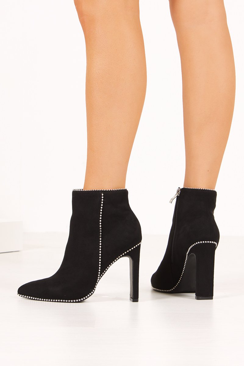 Kylie Black Faux Suede Silver Stud Flat Heel Ankle Boots