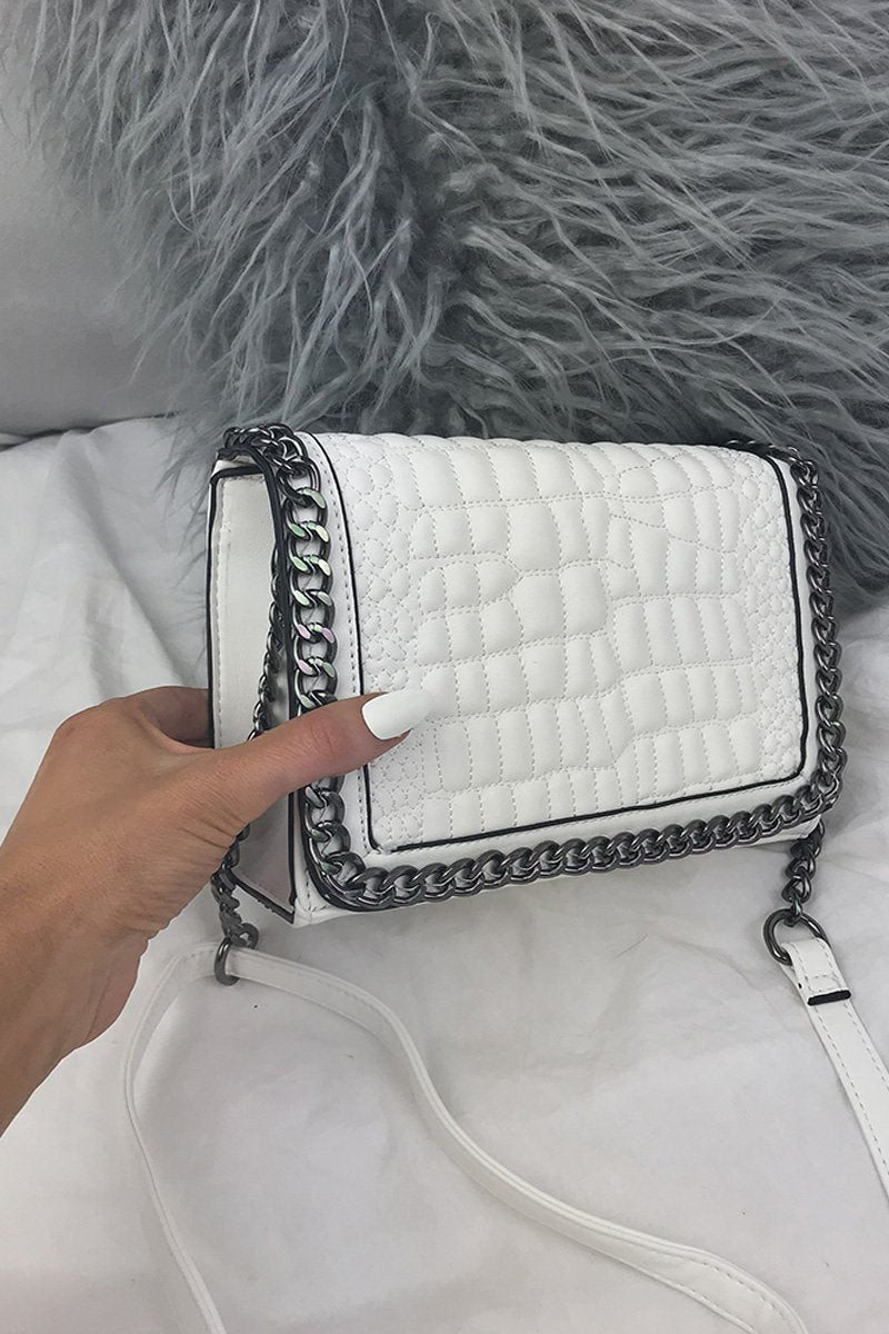 Kylie White Faux Leather Crocodile Chain Bag