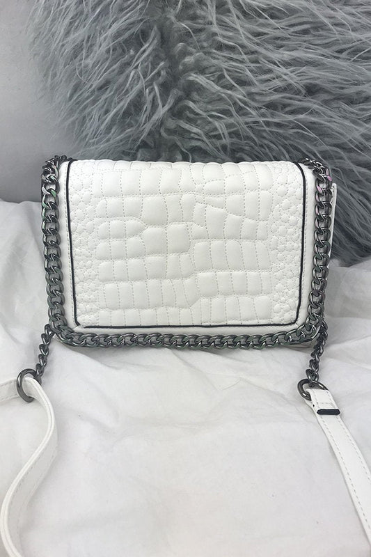 Kylie White Faux Leather Crocodile Chain Bag