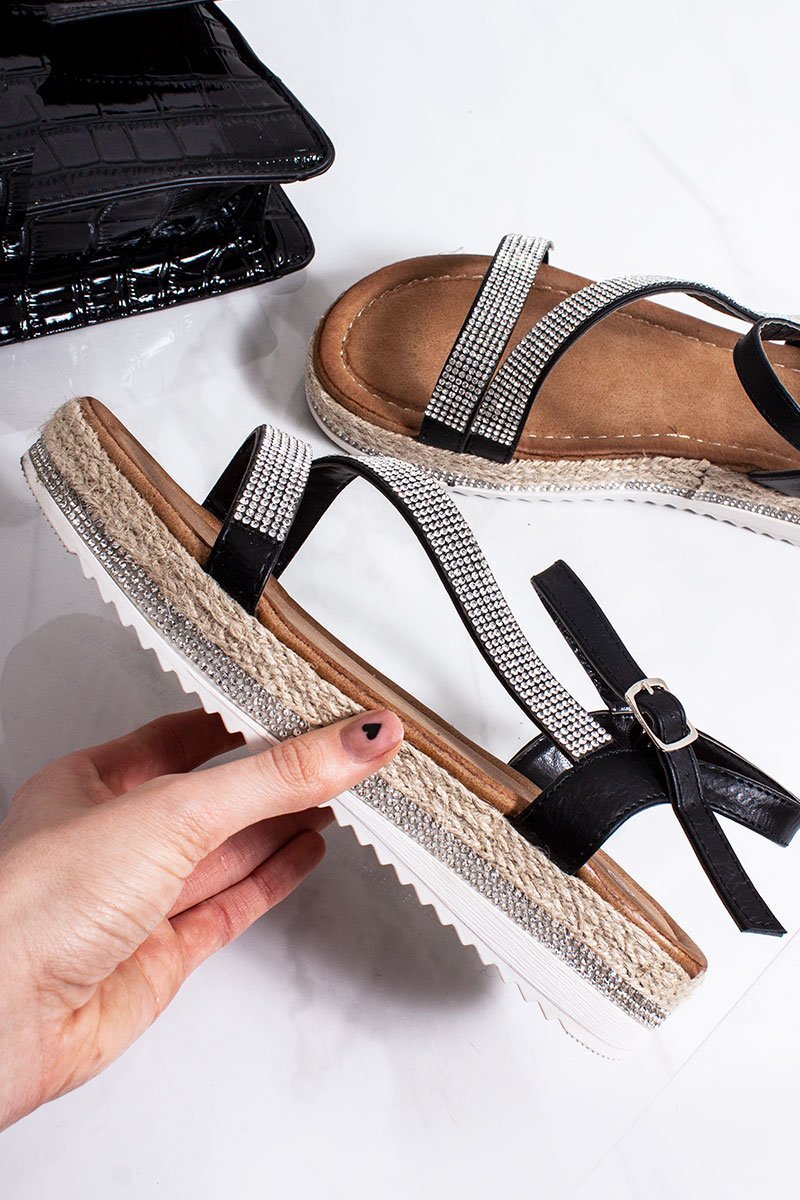 Lara Black Diamante Cross Strap Espadrille Flatform Sandals