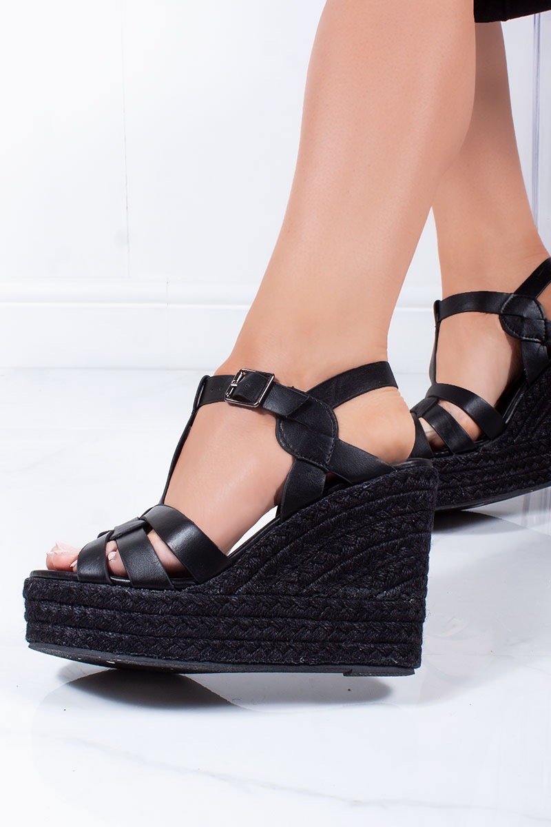 Lauren Black Cross Strap T-Bar Black Espadrille Wedges