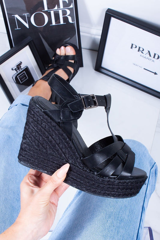 Lauren Black Cross Strap T-Bar Black Espadrille Wedges