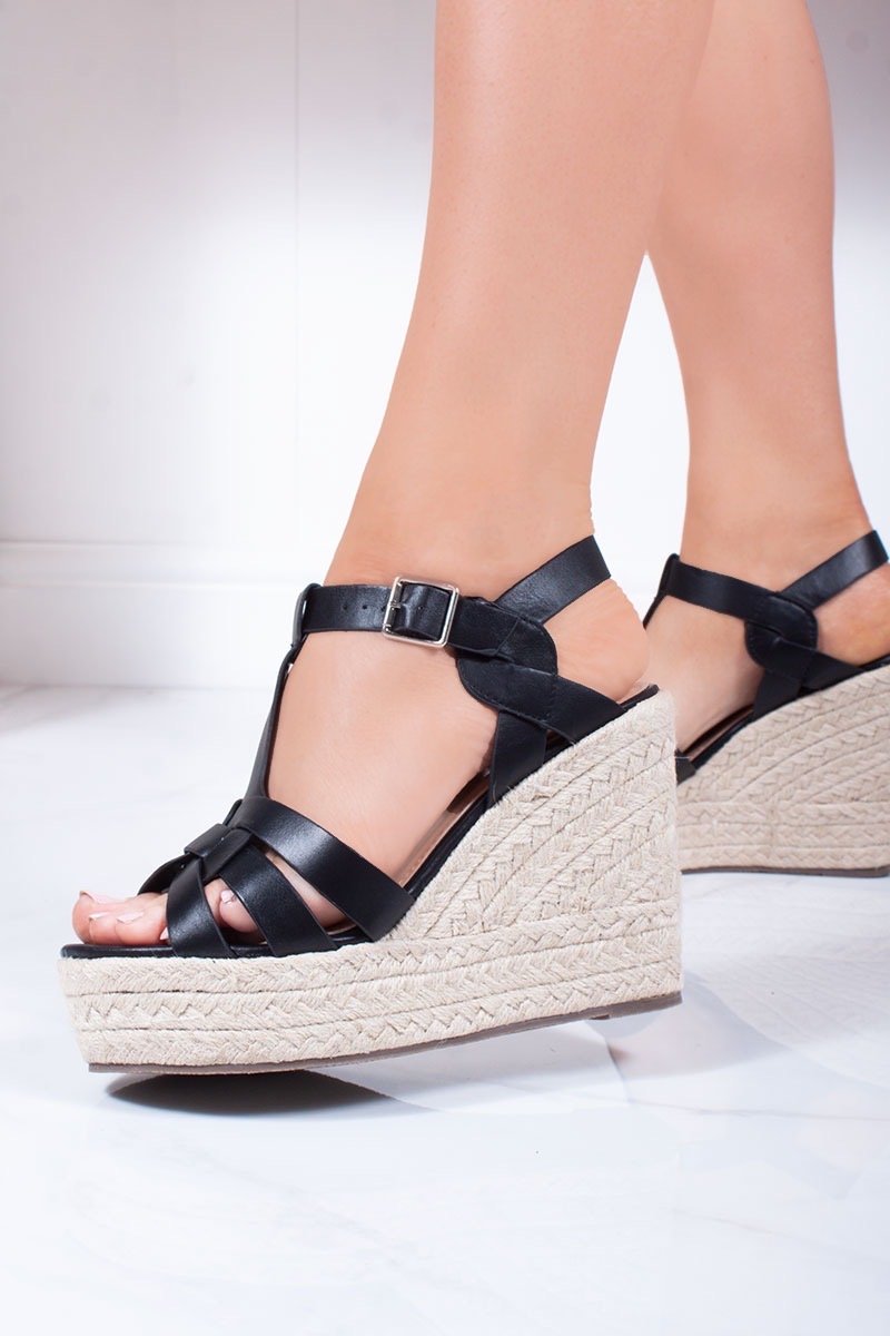 Lauren Black Cross Strap T-Bar Espadrille Wedges