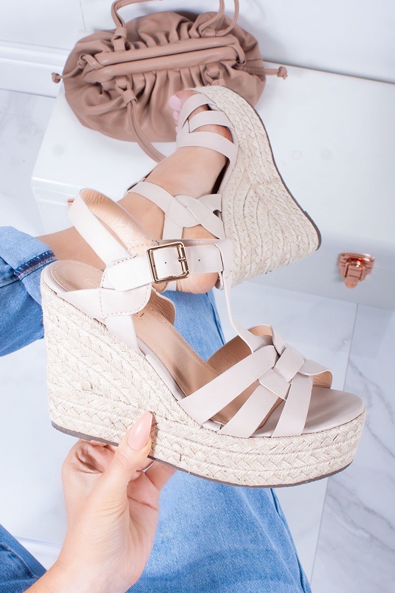 Lauren Nude Cross Strap T-Bar Espadrille Wedges