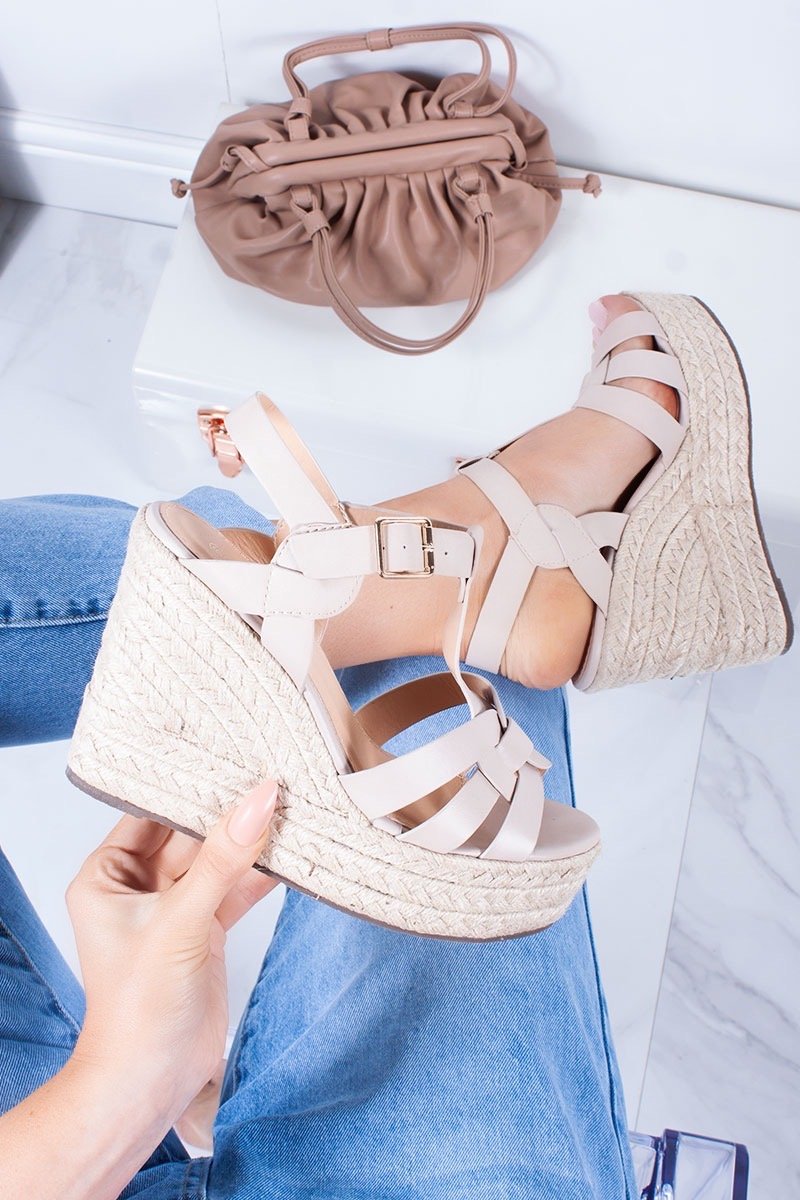 Lauren Nude Cross Strap T-Bar Espadrille Wedges