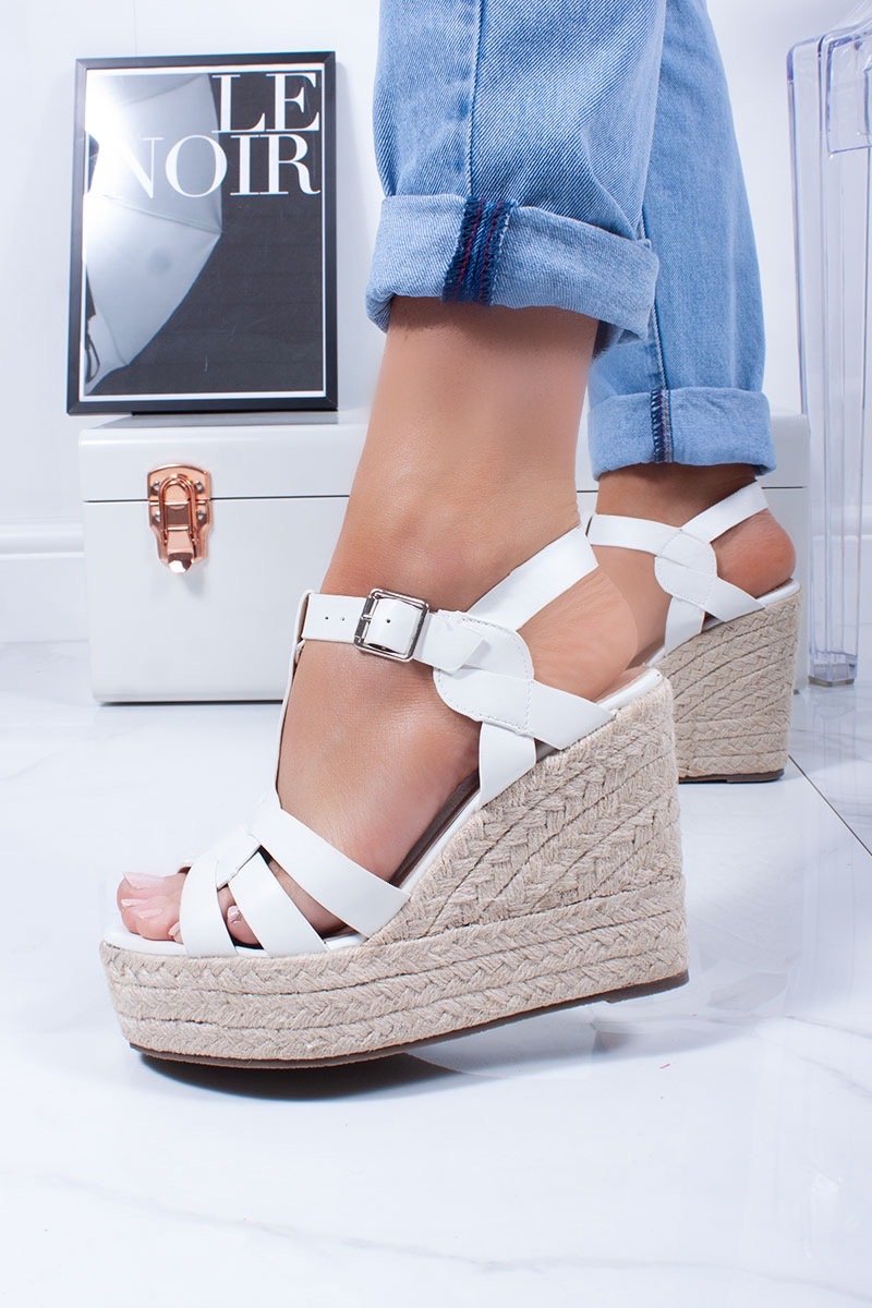 Lauren White Cross Strap T-Bar Espadrille Wedges