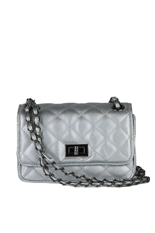 Leah Silver Quilted Bag With Chain Detail