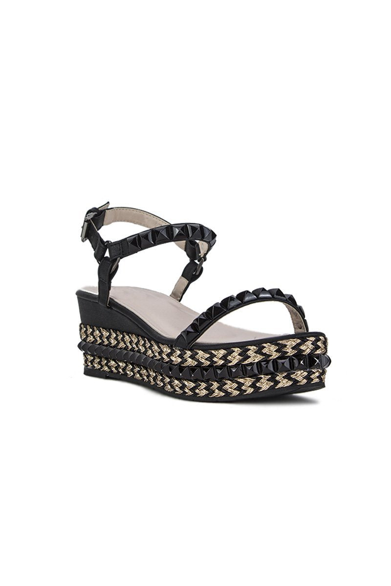 Lexi Black Stud Flatform Sandals With Gold Detail