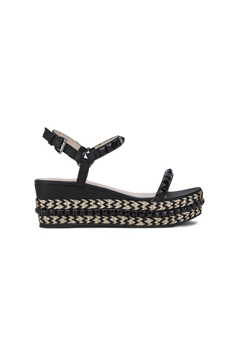 Lexi Black Stud Flatform Sandals With Gold Detail