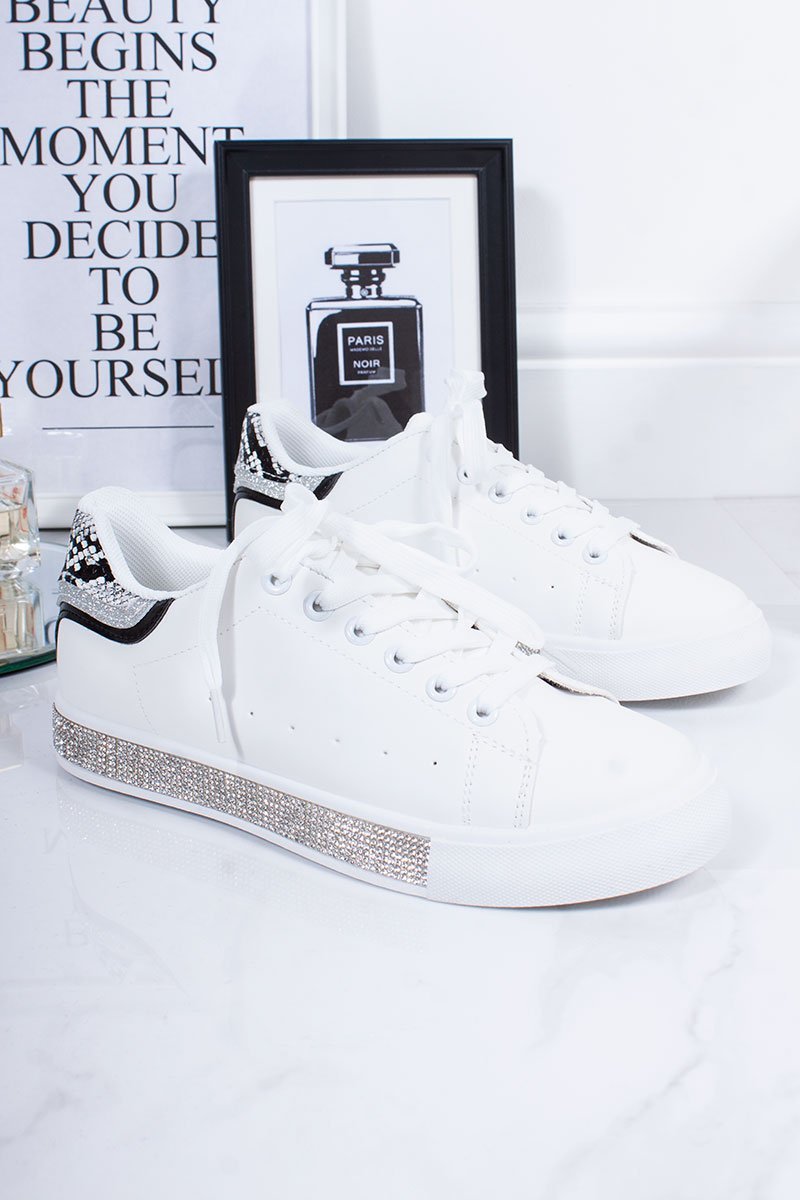 Lily White Snake Print Trim Diamante Detail Lace Up Trainers