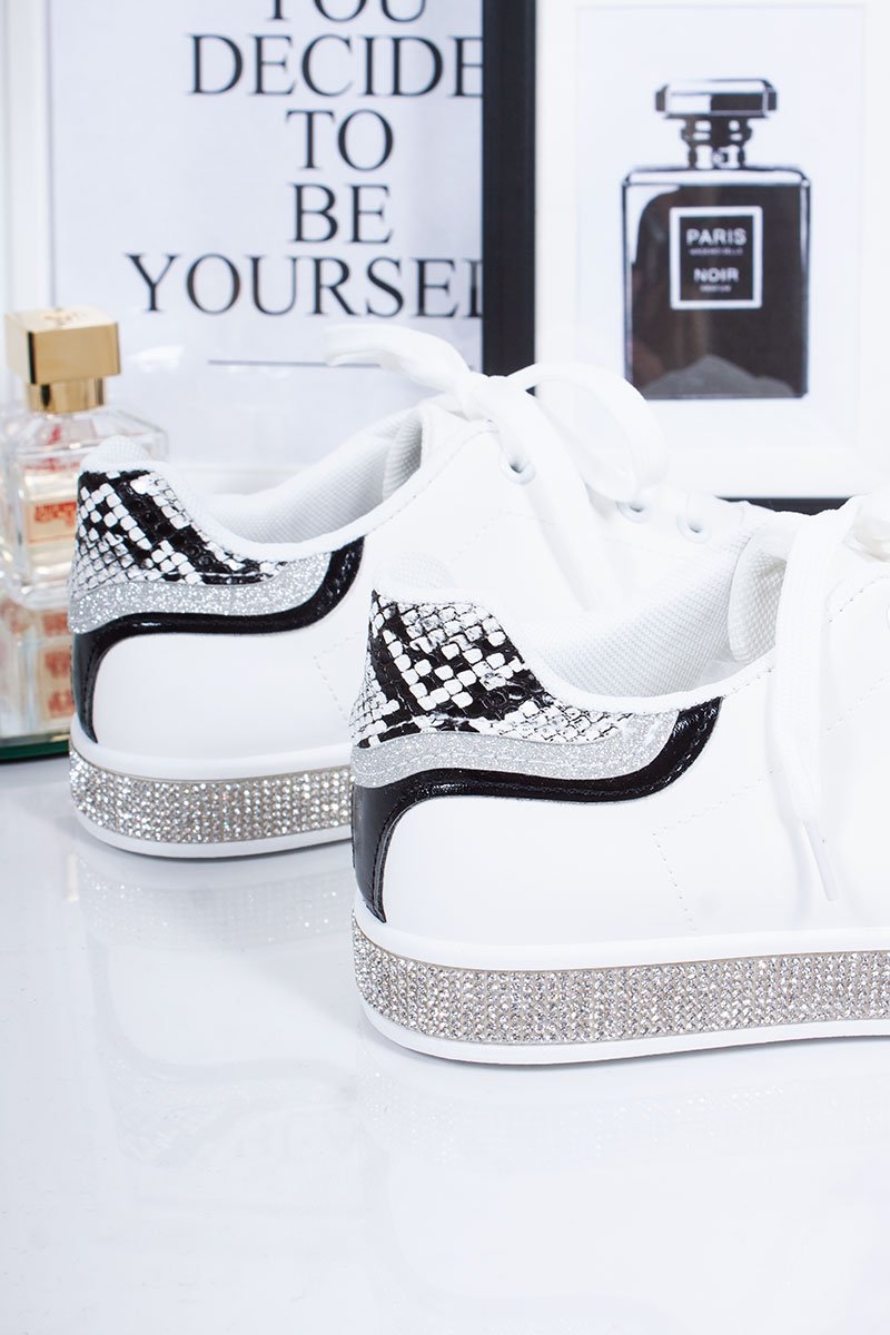 Lily White Snake Print Trim Diamante Detail Lace Up Trainers