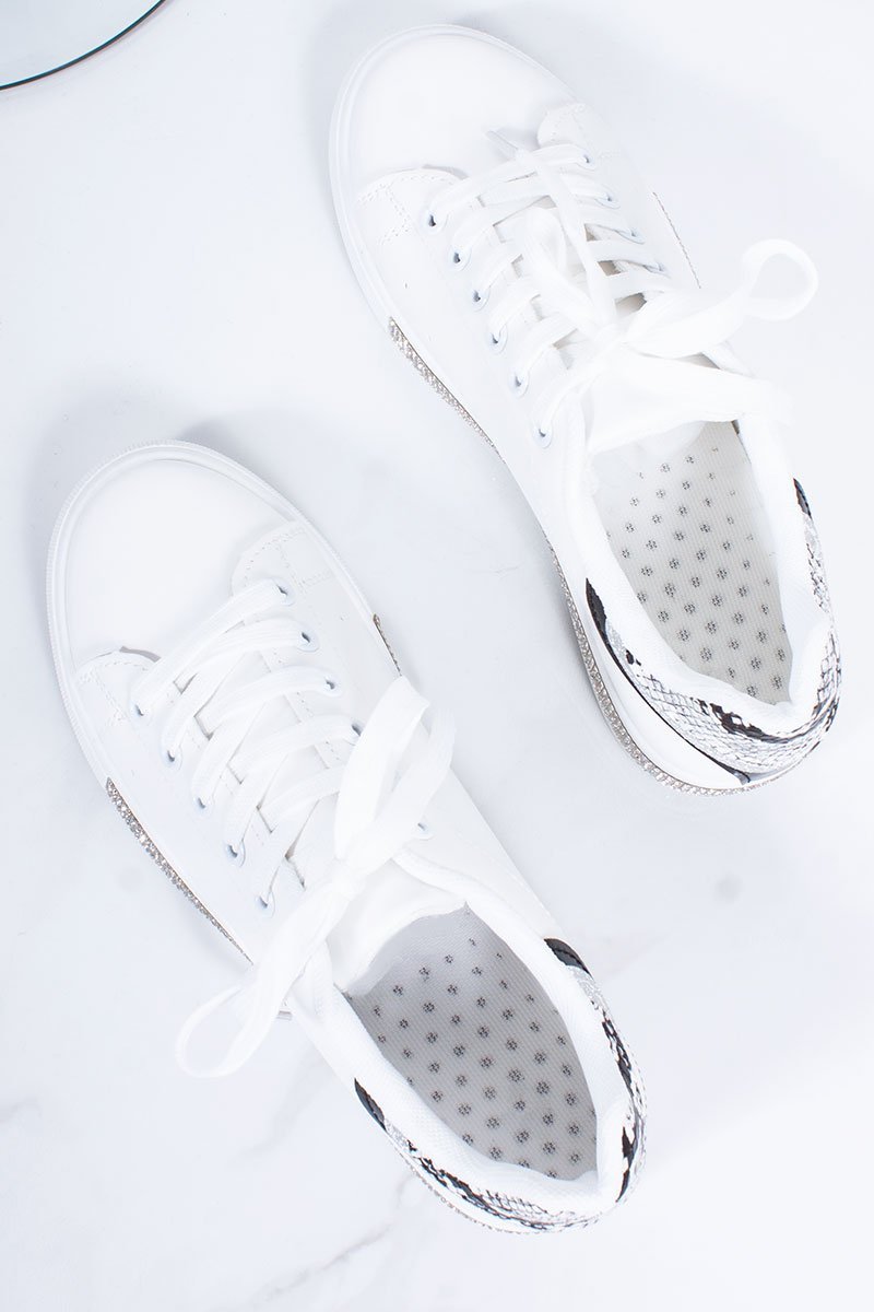 Lily White Snake Print Trim Diamante Detail Lace Up Trainers