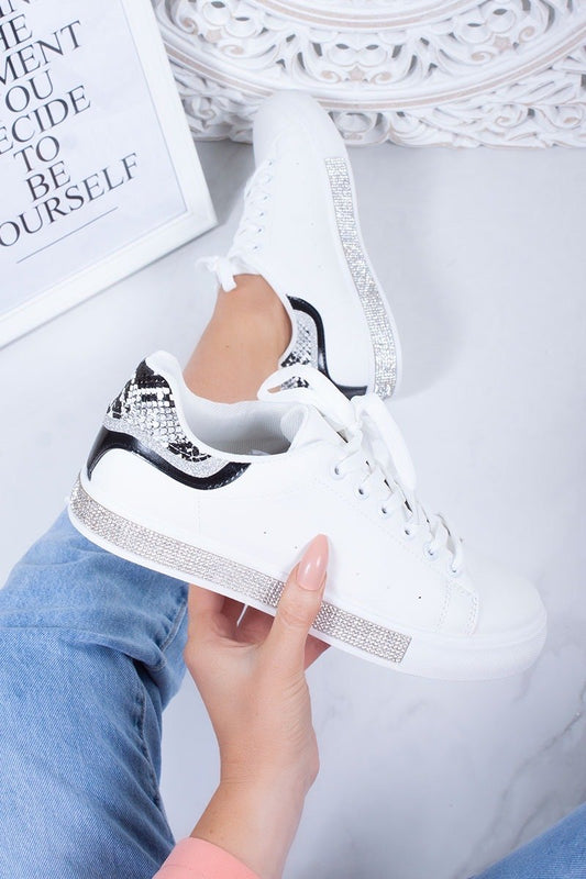 Lily White Snake Print Trim Diamante Detail Lace Up Trainers