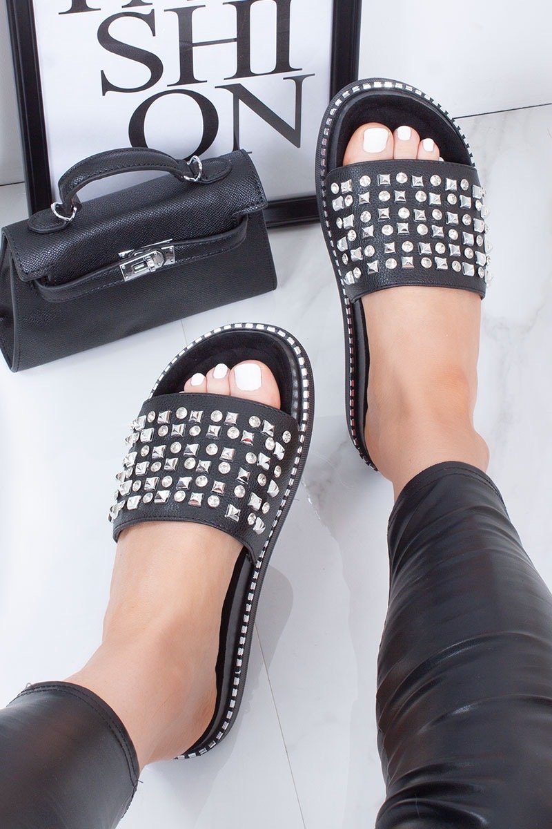 Lorna Black Faux Leather Stud Diamante Chunky Sliders