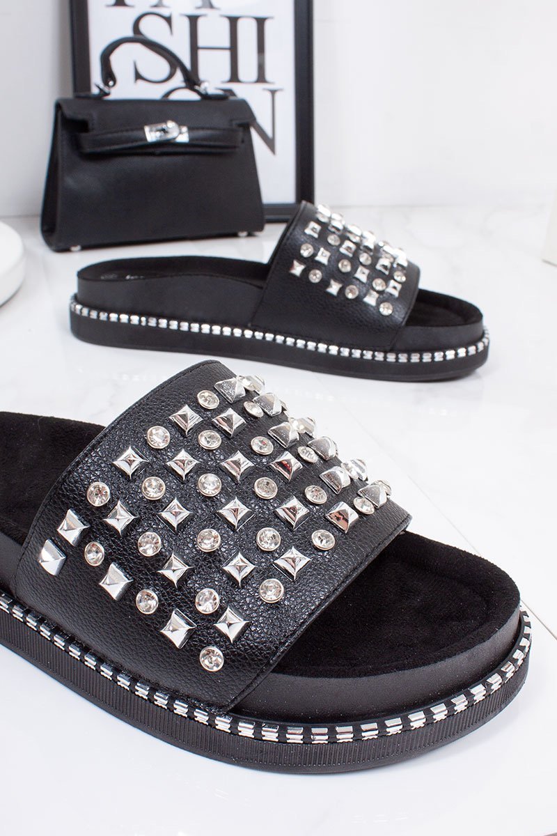 Lorna Black Faux Leather Stud Diamante Chunky Sliders