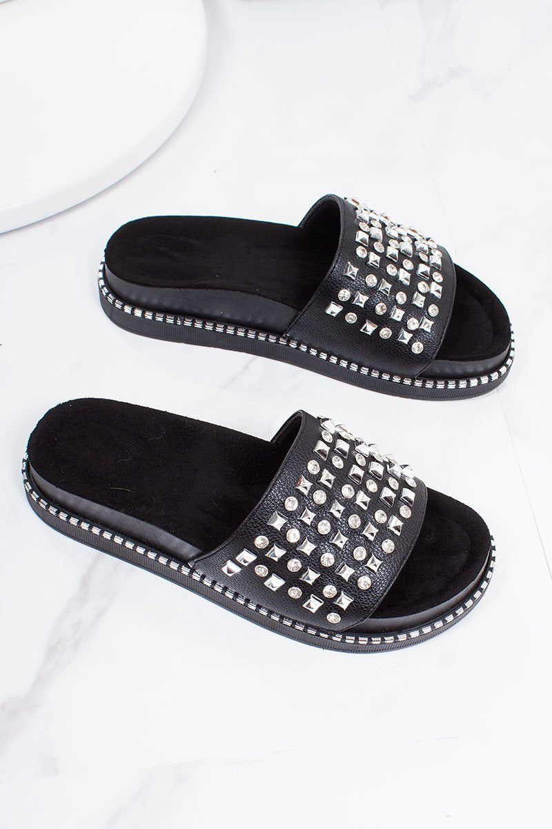 Lorna Black Faux Leather Stud Diamante Chunky Sliders