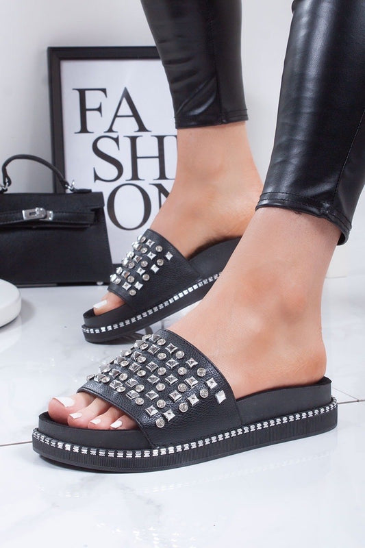 Lorna Black Faux Leather Stud Diamante Chunky Sliders