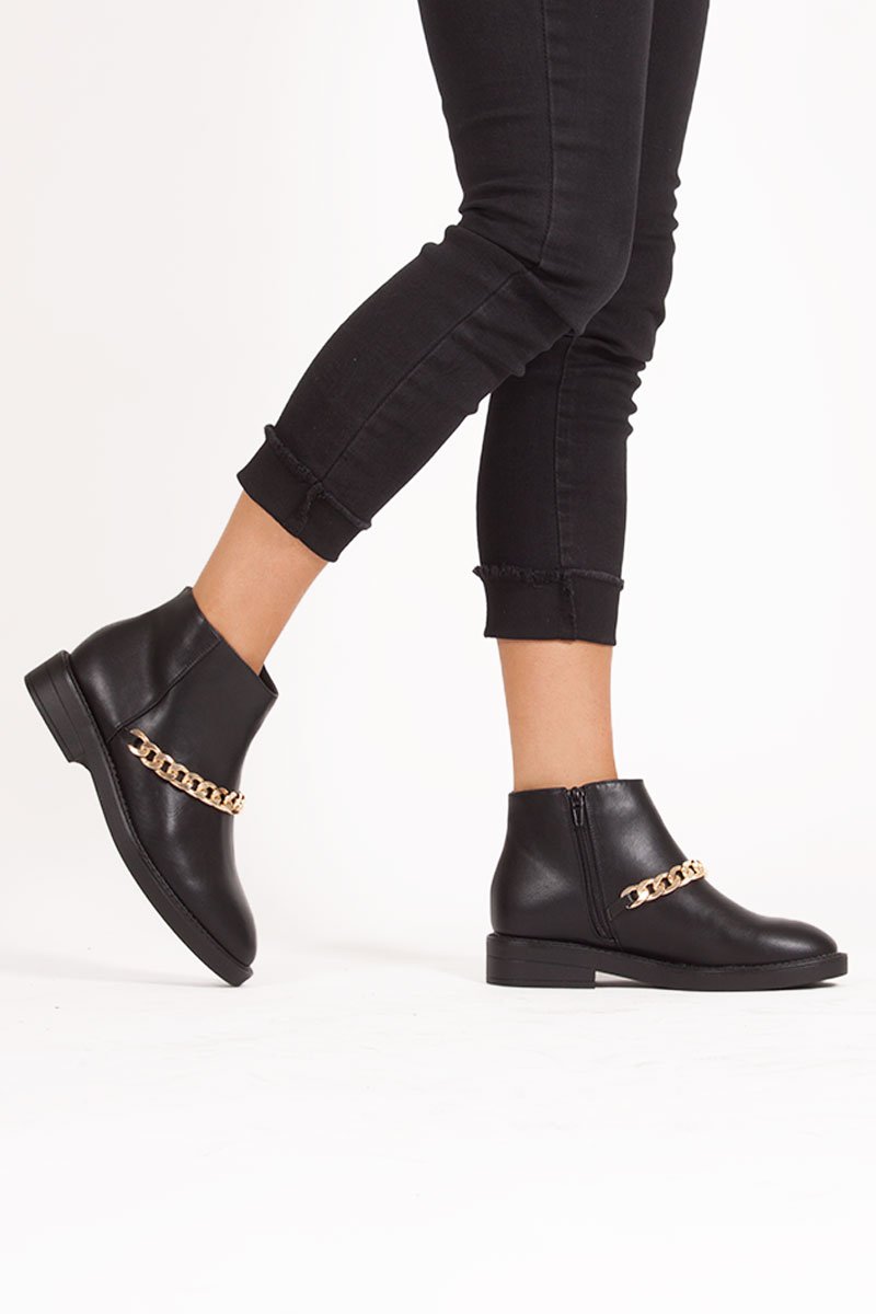 Lottie Black Ankle Boots With Gold Chain Detail