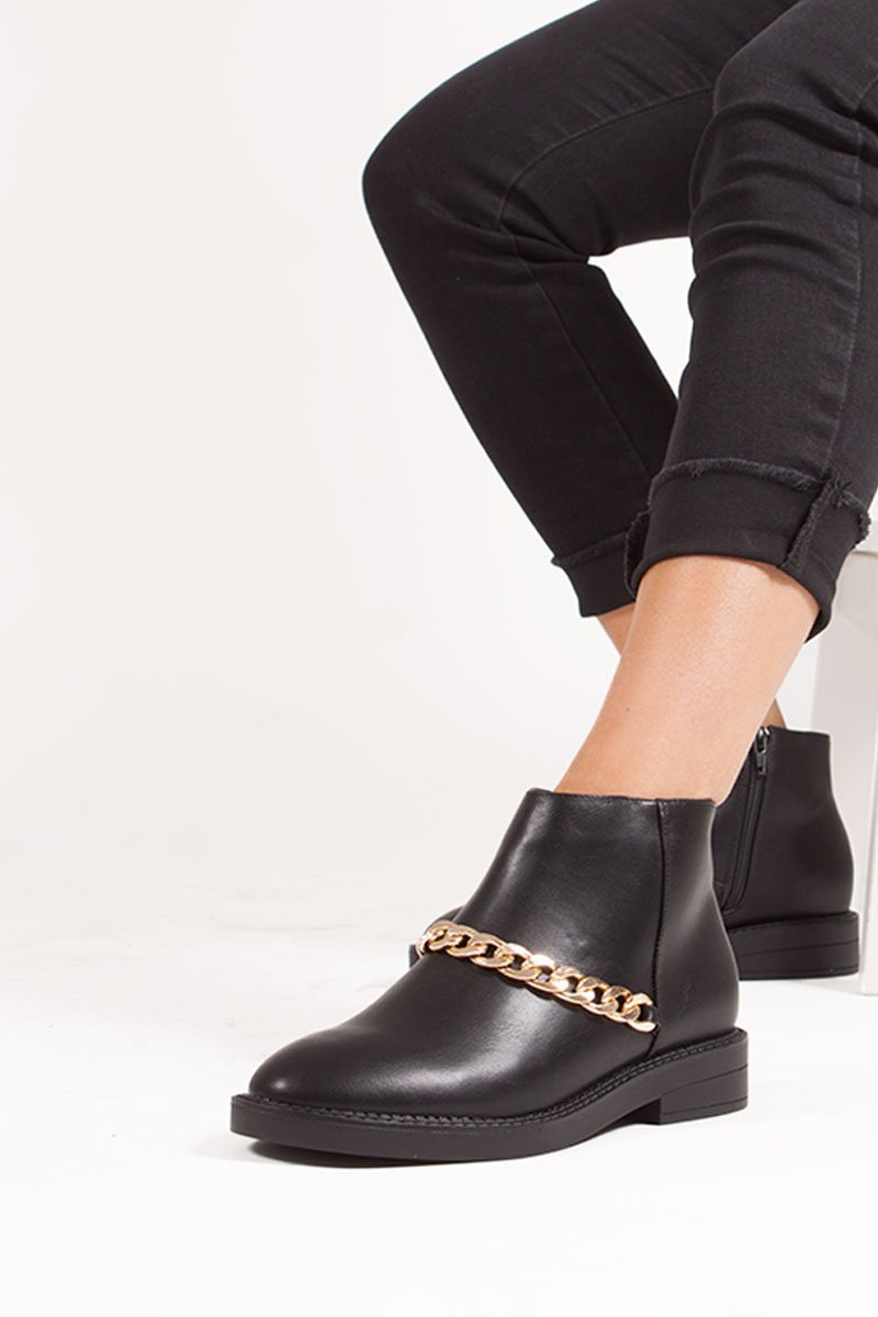 Lottie Black Ankle Boots With Gold Chain Detail