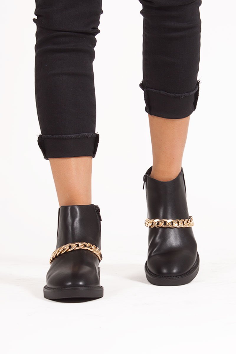 Lottie Black Ankle Boots With Gold Chain Detail