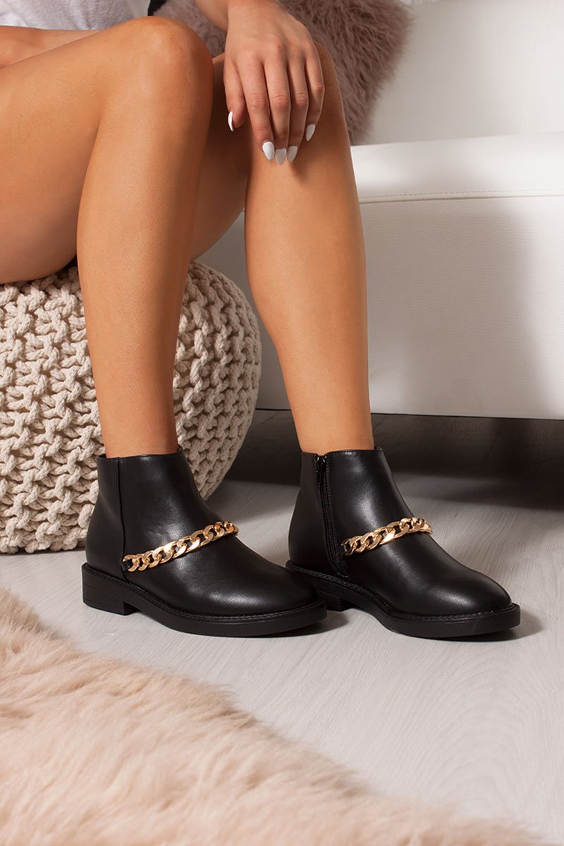 Lottie Black Ankle Boots With Gold Chain Detail