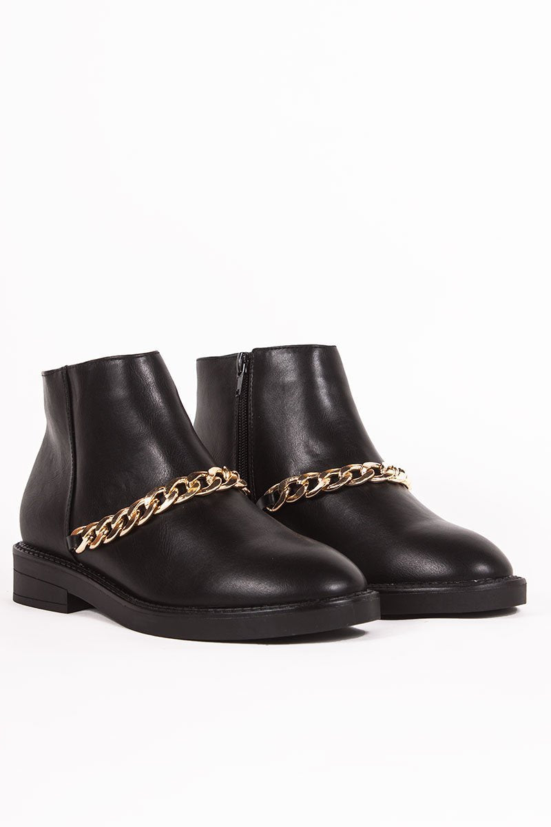 Lottie Black Ankle Boots With Gold Chain Detail