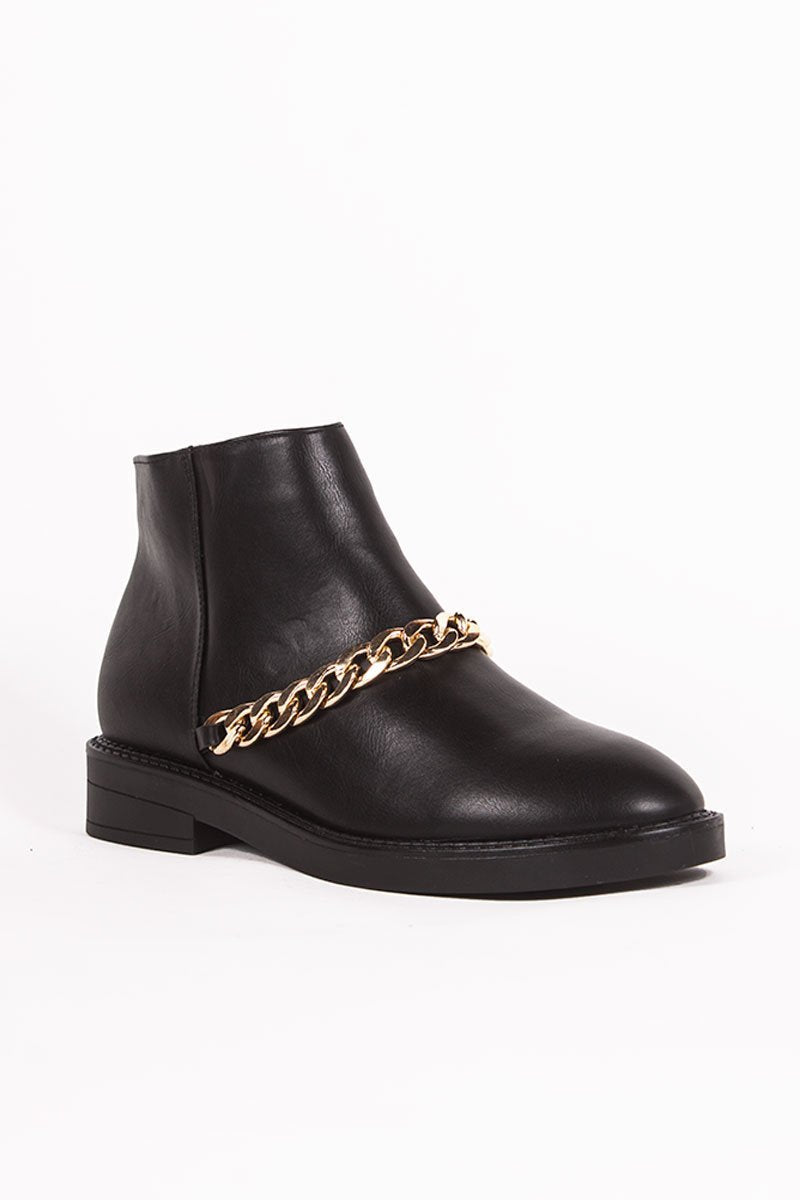 Lottie Black Ankle Boots With Gold Chain Detail