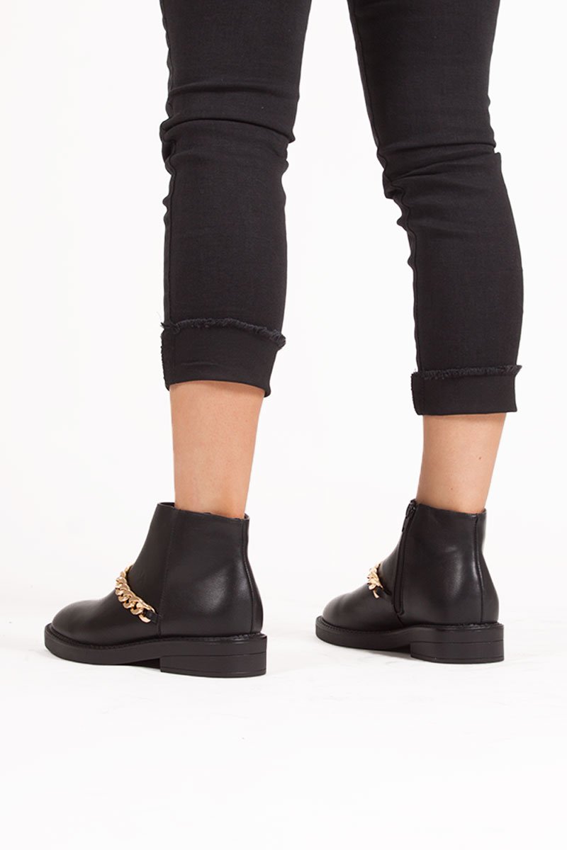 Lottie Black Ankle Boots With Gold Chain Detail