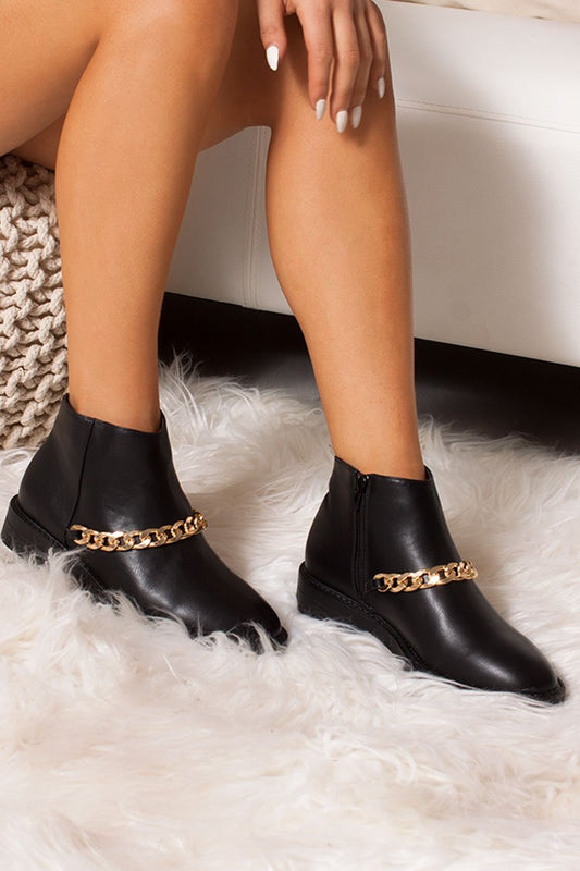 Lottie Black Ankle Boots With Gold Chain Detail