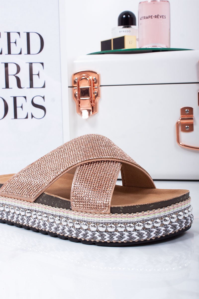 Lucie Rose Gold Diamante Cross Strap Studded Mule Flatform Sandals