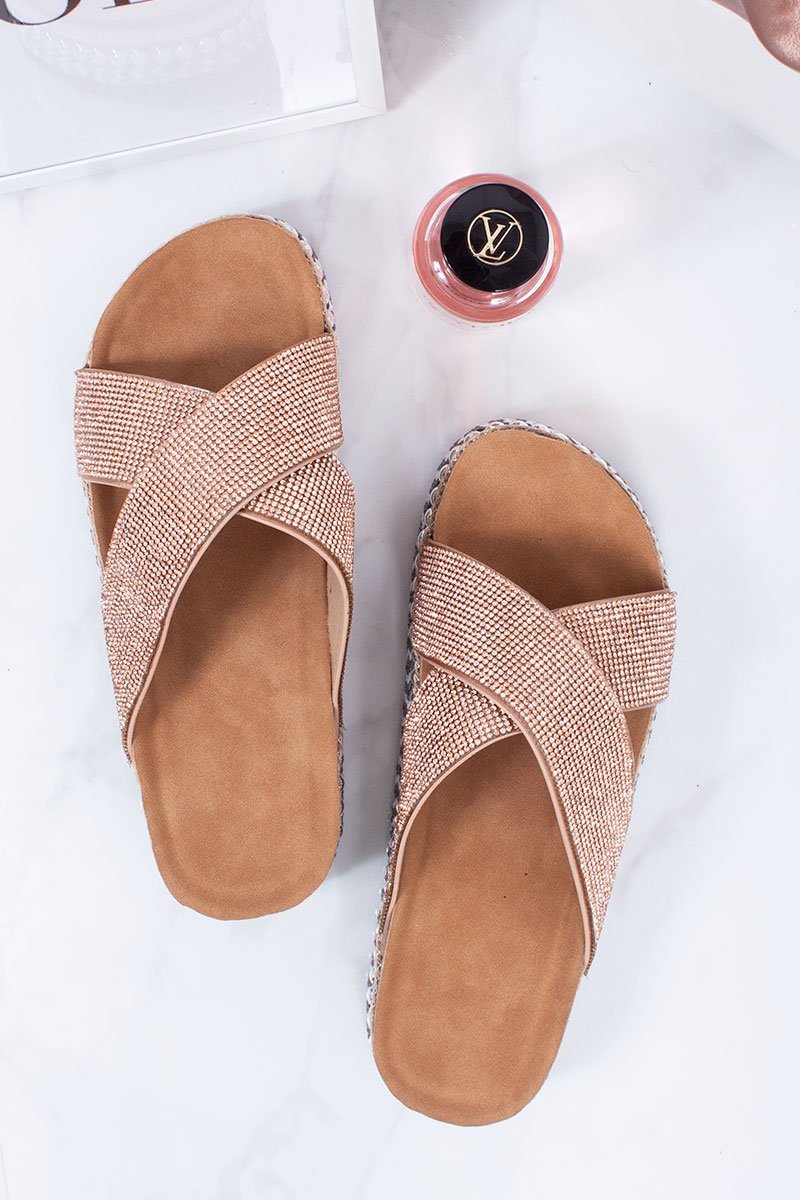 Lucie Rose Gold Diamante Cross Strap Studded Mule Flatform Sandals