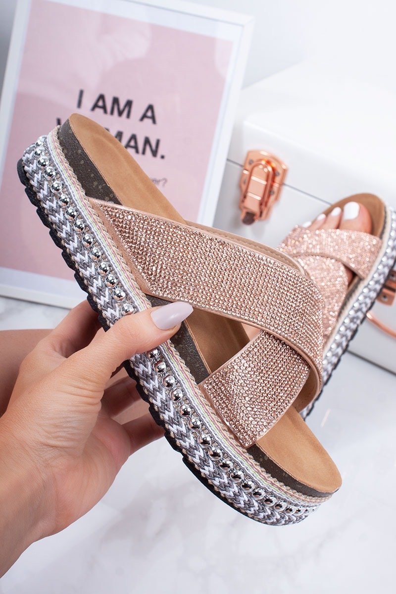 Lucie Rose Gold Diamante Cross Strap Studded Mule Flatform Sandals