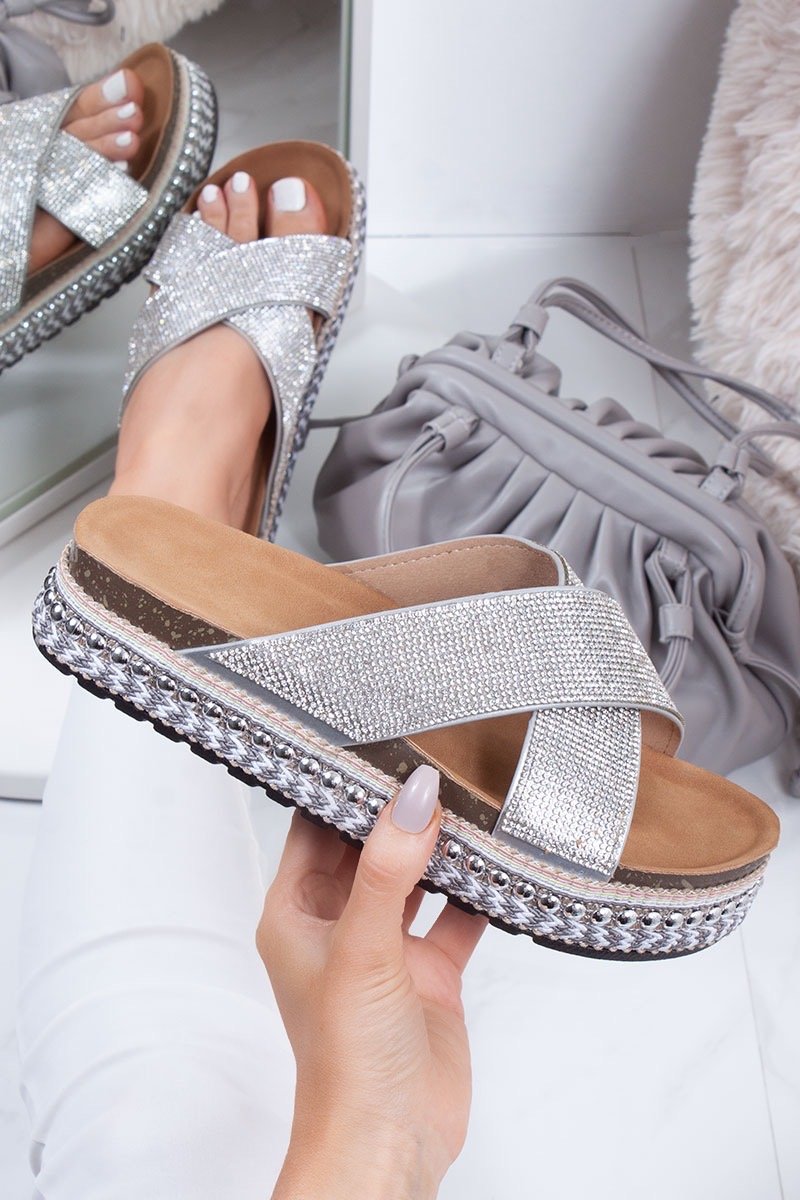 Lucie Silver Diamante Cross Strap Studded Mule Flatform Sandals