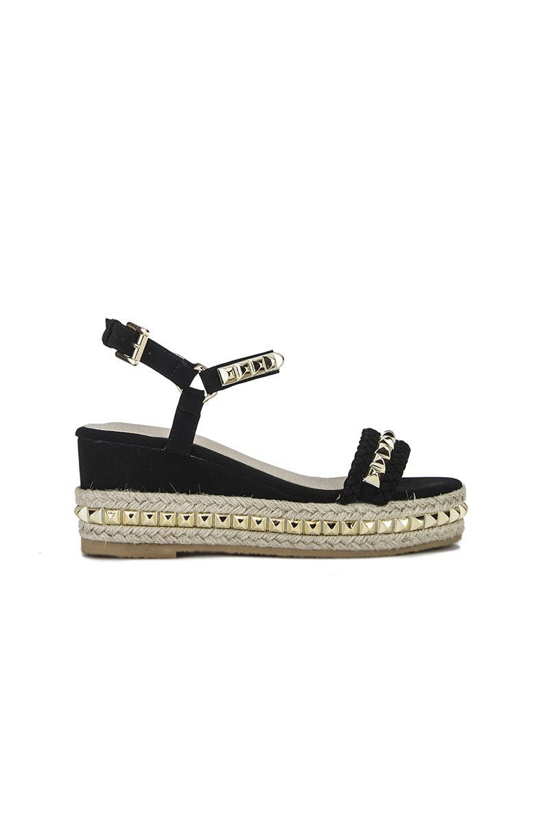 Maddy Black Stud Flatform Sandals With Braided Detail