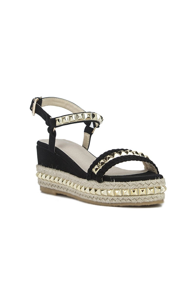 Maddy Black Stud Flatform Sandals With Braided Detail