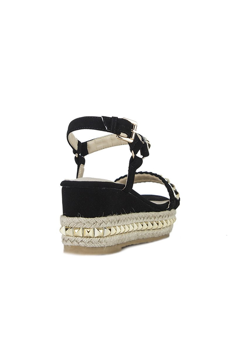 Maddy Black Stud Flatform Sandals With Braided Detail