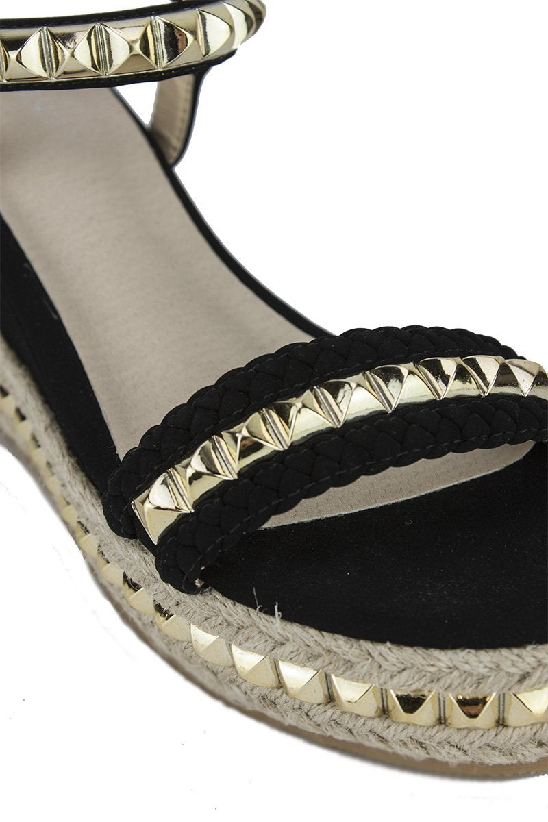 Maddy Black Stud Flatform Sandals With Braided Detail