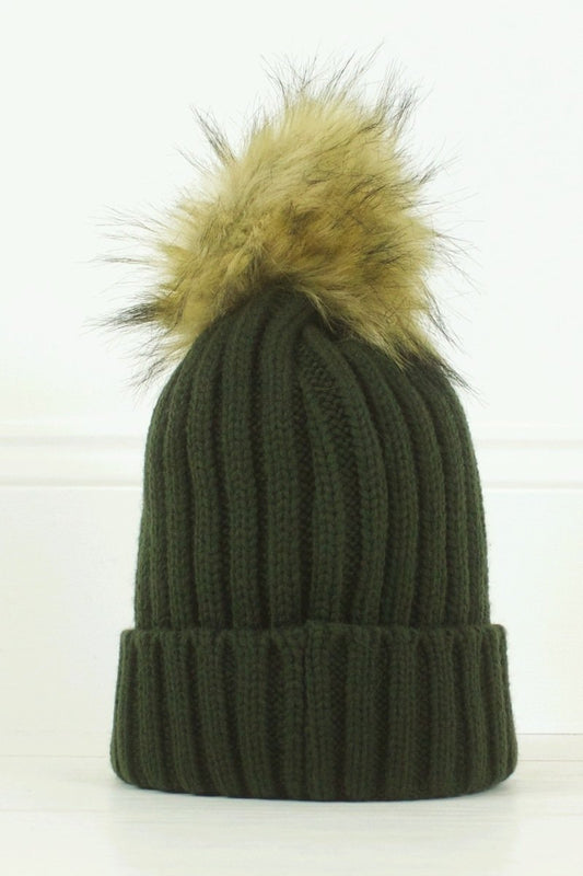 Maddy Khaki Faux Fur Bobble Hat