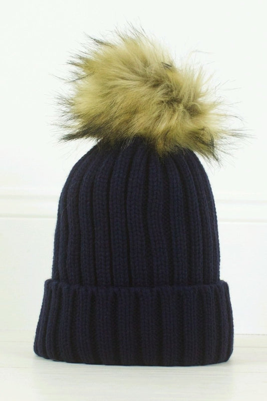 Maddy Navy Faux Fur Bobble Hat