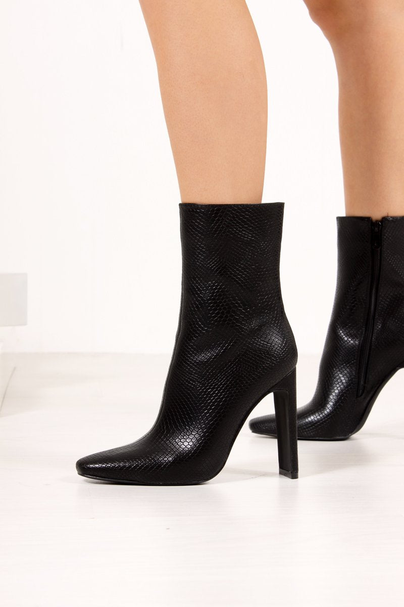 Madeline Black Snake Slim Block Heeled Boots