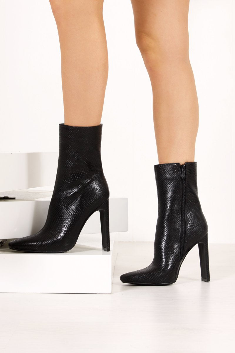 Madeline Black Snake Slim Block Heeled Boots