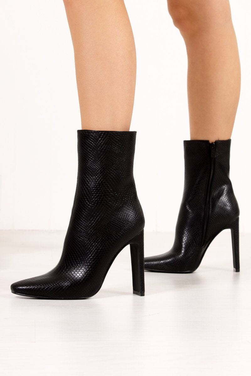 Madeline Black Snake Slim Block Heeled Boots