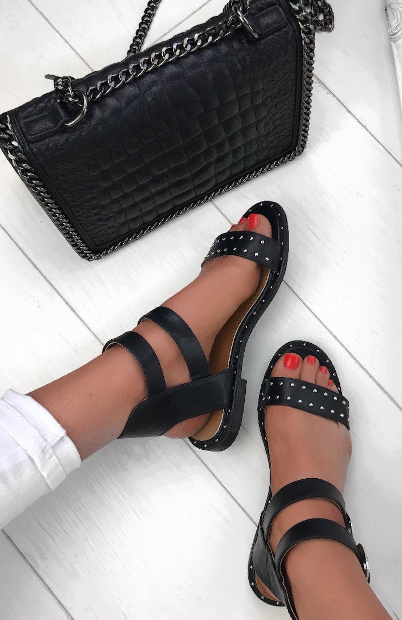 Margo Black Stud Buckle Sandals With Silver Detail