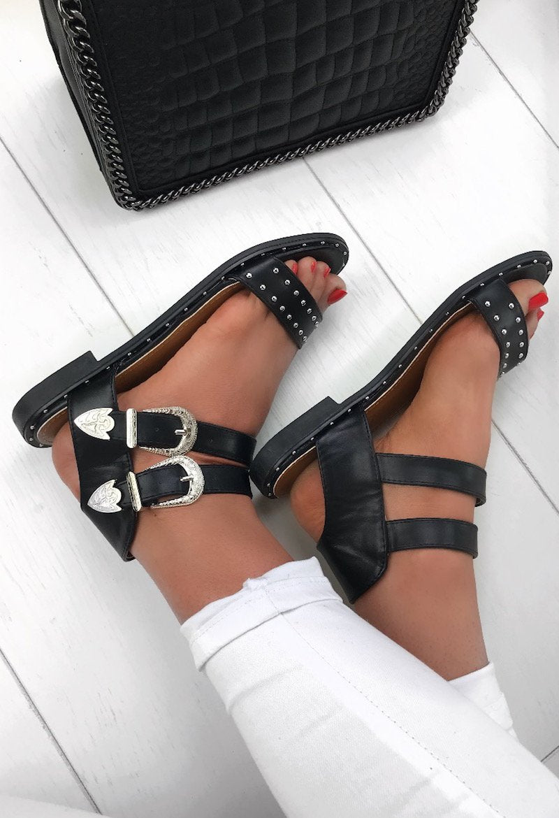 Margo Black Stud Buckle Sandals With Silver Detail