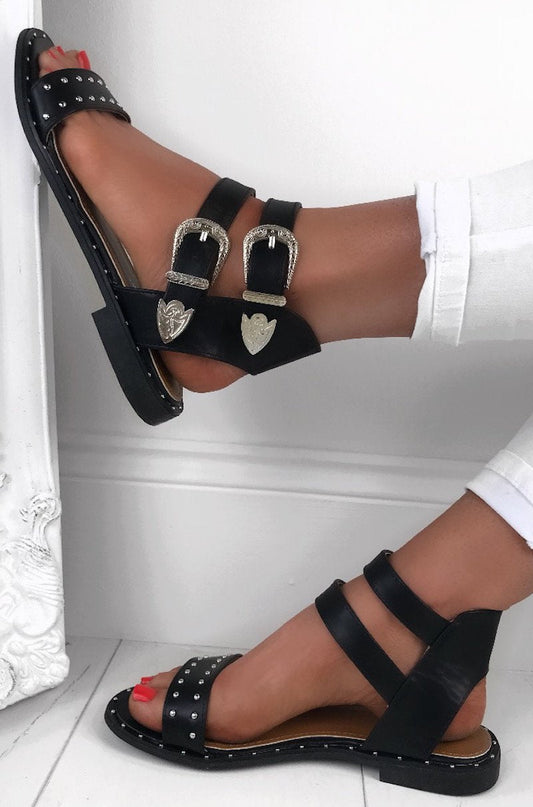 Margo Black Stud Buckle Sandals With Silver Detail